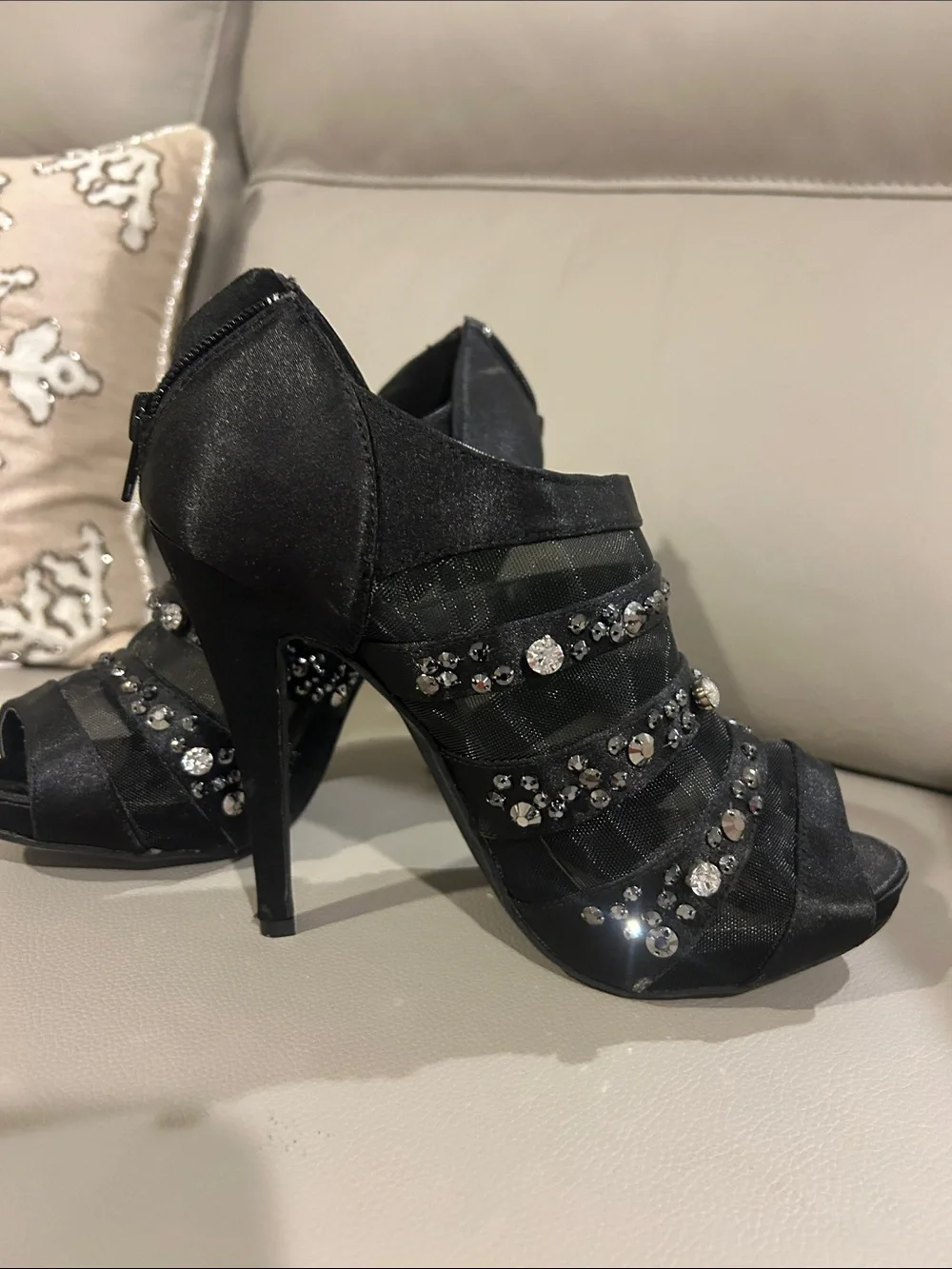 Elegant Black Jeweled Peep-Toe Heels - Women Shoes